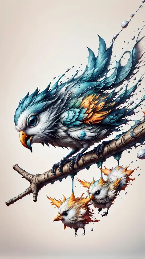 a painting of a bird with feathers on a branch