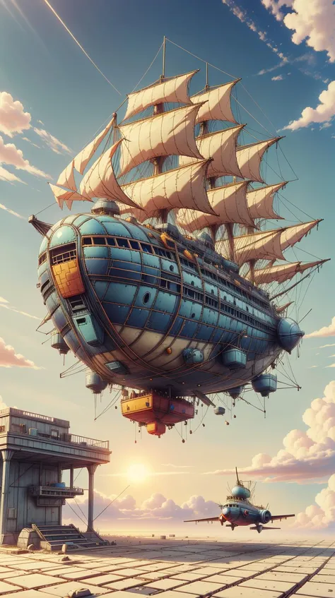 a large ship floating over a train station with a helicopter