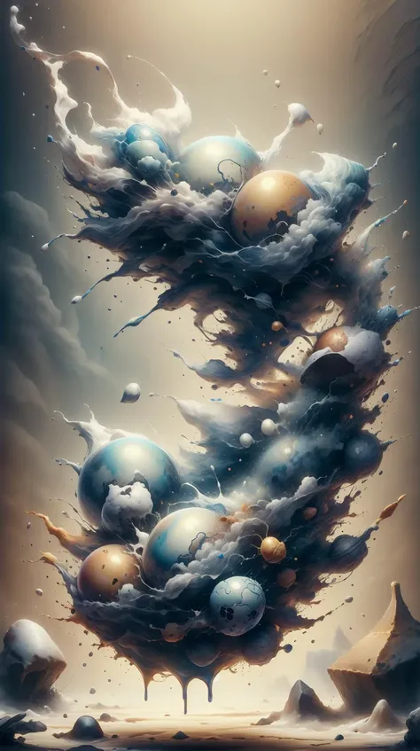 a painting of a bunch of balls floating in the air