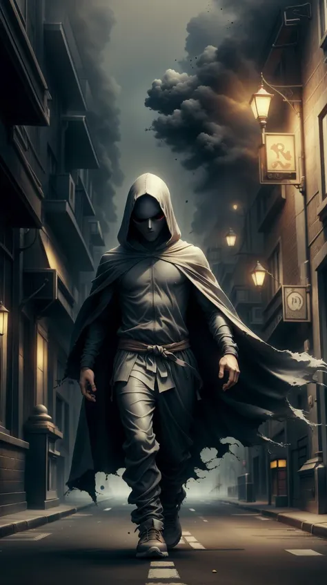 a man in a hoodedie walking down a street with a dark robe