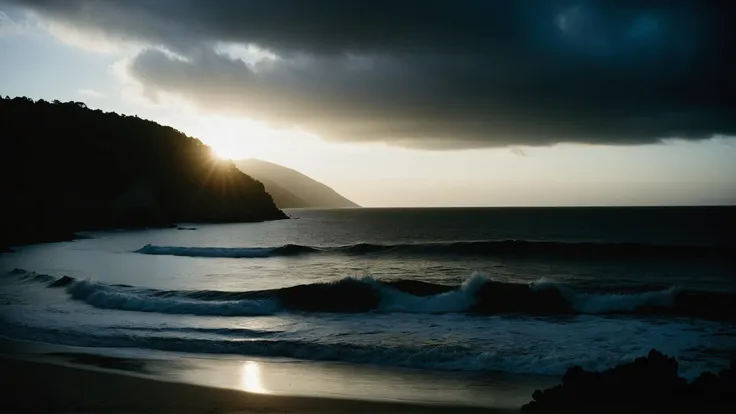 a close up of a beach with waves and a mountain in the background