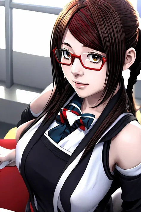 (masterpiece, best quality), 1girl,   <lora:Misaki_SakimiyaNDV:1> MisakiSakimiyaNDV, large breasts, glasses, streaked hair, twin braids, school uniform, red-framed eyewear, looking at viewer