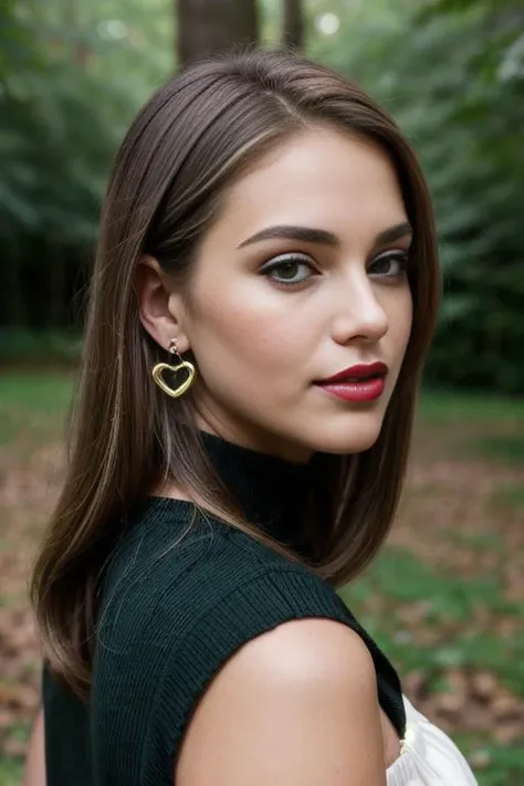 a woman with long hair wearing a black top and gold earrings