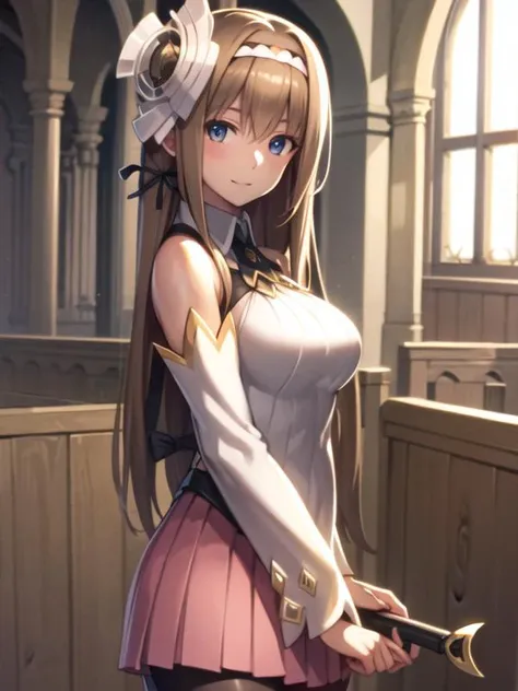 (ultra detailed),(masterpeace),(best quality),(photorealistic), beautiful lighting, CG,(colour:1.2), looking at viewer,indoor,church,aurica_nestmile,brown_hair,detached_sleeves,skirt,hair_ribbon,hairband,pleated_skirt,long_hair,short_dressbare_shoulders,lo...