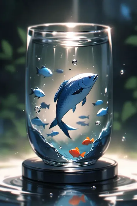 there is a fish in a glass with a lot of fish inside