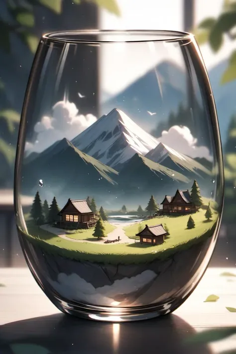 there is a glass with a picture of a mountain scene inside of it