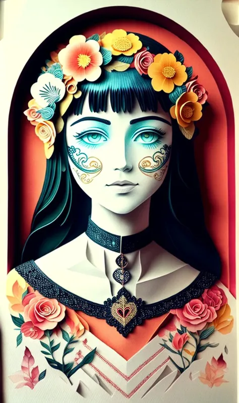 , cinsdia, papercut weave, realistic watercolor painting, flower crown, line art, vector art, Mardi Gras, close-up portrait, collar bone, fancy summer dress, masterpiece, the greatest details, 8k, UHD, HDR, incredibly intricate, <lora:papercut02:1>