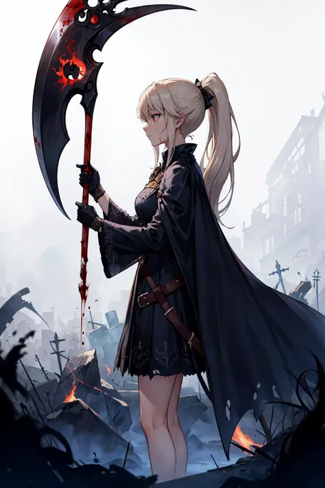 a woman with a scythe standing in a city with a scythe