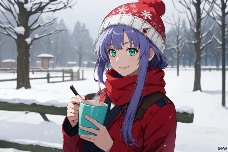 (RAW photo, best quality), 1girl,  natural lighting
 <lora:srw_mitsuko_isurugi_v1_2-000005:1>, srw_mitsuko,  smile, winter, snowflake, beanie hat, scarf, sipping coffee,