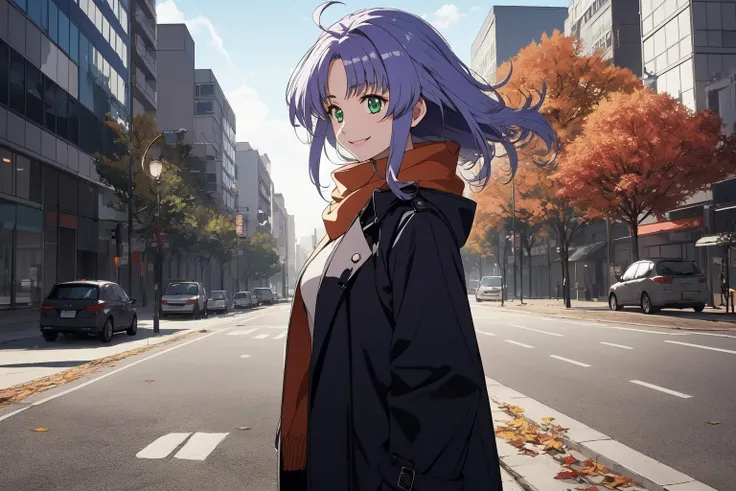 (RAW photo, best quality), 1girl,  natural lighting
 <lora:srw_mitsuko_isurugi_v1_2-000005:1>, srw_mitsuko,  smile, autumn, windy, city street, trench coat, scarf,