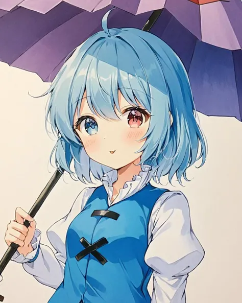 tatara kogasa,1girl, heterochromia, solo, traditional_media, holding_umbrella, purple_umbrella, upper_body, blue_vest, karakasa_obake, white_shirt, juliet_sleeves, looking_at_viewer, shikishi, :p, blush, marker_(medium), white_background, simple_background...