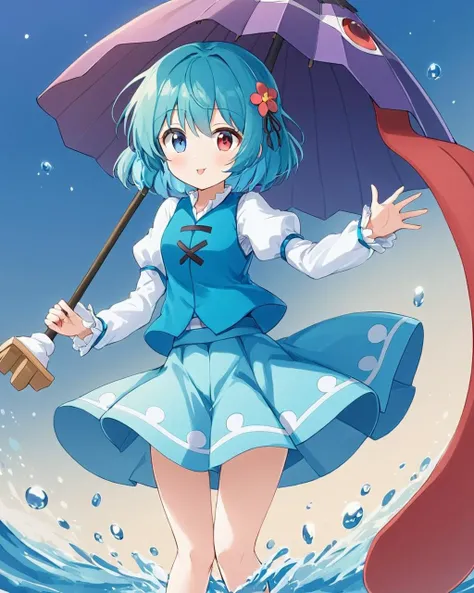 tatara kogasa,1girl, heterochromia, solo, blue_vest, holding_umbrella, juliet_sleeves, blue_skirt, white_shirt, karakasa_obake, geta, flower, looking_at_viewer, :p, purple_umbrella, water
<lora:tatara_kogasa_image6022_2023-12-20-000007:1>,star-shaped_pupil...