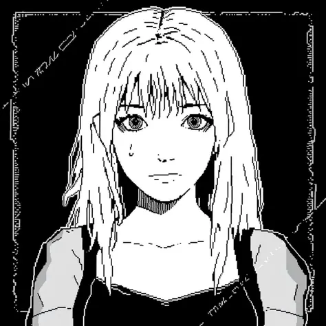 <lora:WorldofHoror-v20> <lora:Aika_v1>  Aika, black and white, digital, pixel art, monochrome