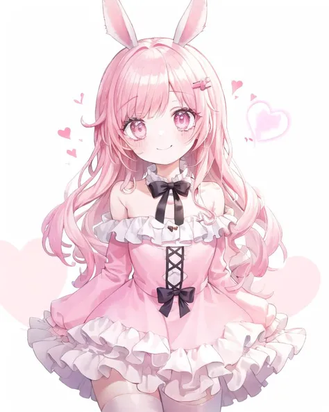 (1girl, solo:1.2), looking at viewer, cowboy shot, (eyeliner, eyelashes), (pale skin:0.79), (body blush:1.06),  heart, narrow waist, <lora:teraElinRaceLora_elinDressANDLegs:0.9>, elin, white thighhighs, pink dress, smile, off shoulder, pink hair, rabbit ea...