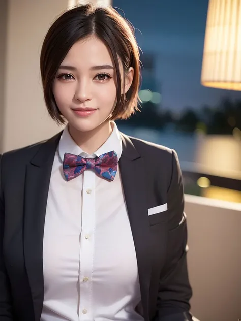 (((bowtie shirt, business attire))), (8k, best quality, masterpiece:1.2), (realistic, photo-realistic:1.37), ultra-detailed, 1girl, solo, beautiful, detailed sky, detailed skin, night, sitting, dating,(nose blush),(smile:1.15), (medium breasts), beautiful ...