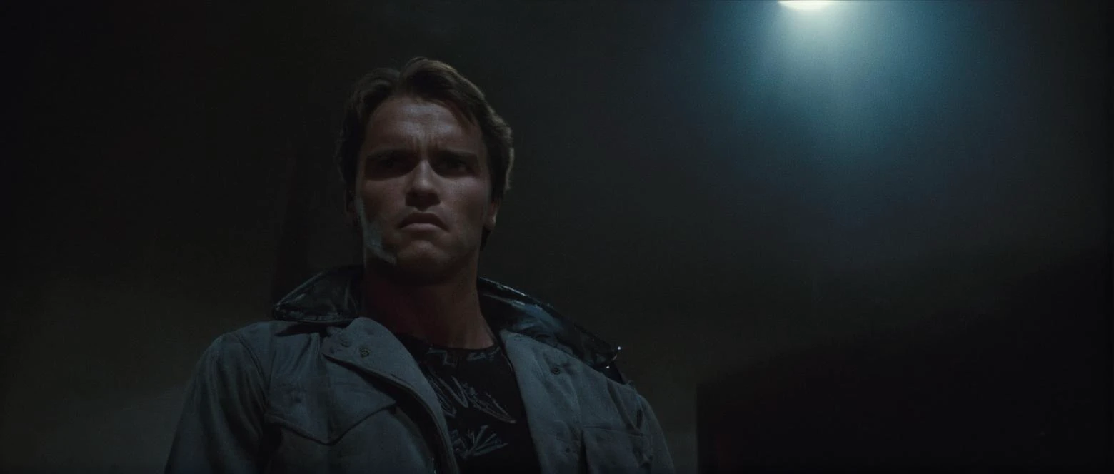 cinematic film still of  <lora:Terminator style:0.8>
Low angle from below, In the 1980s Terminator a man standing in a dark room with a fan,solo,short hair,shirt,black hair,1boy,closed mouth,jacket,male focus,necktie,hood,blood,dark , horror themed, dark t...