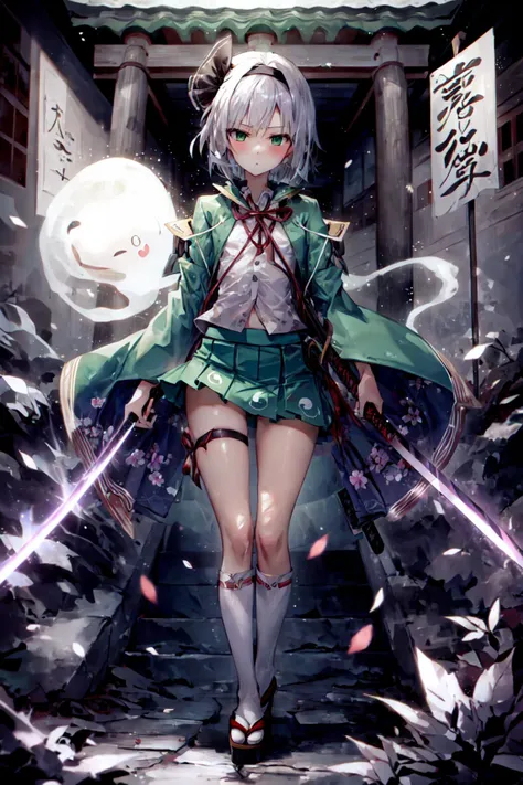 anime girl with sword and green dress walking in front of a building