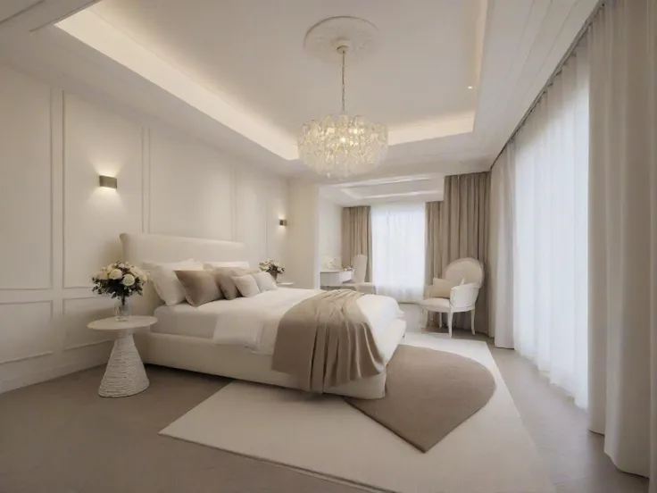 a close up of a bed in a room with a chandelier