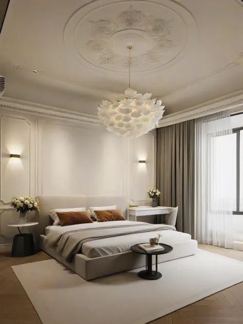 a bedroom with a large bed and a chandelier in the middle