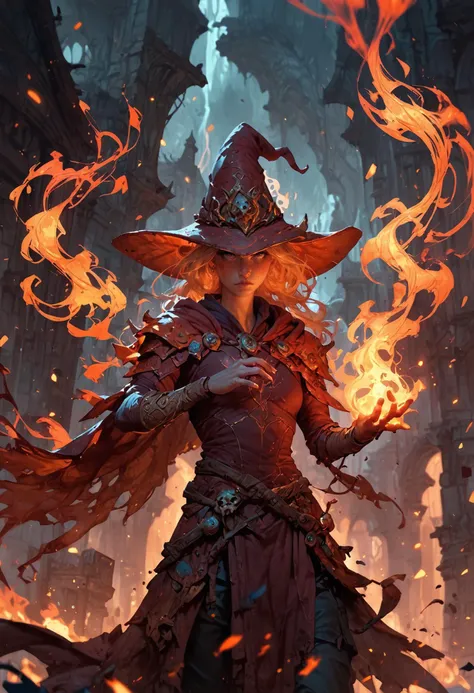 a woman in a witch hat and long red dress holding a fire