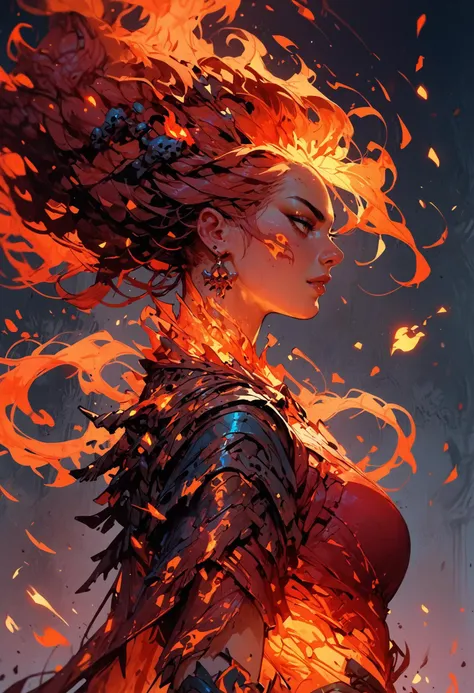 a woman with fire on her head and a red dress