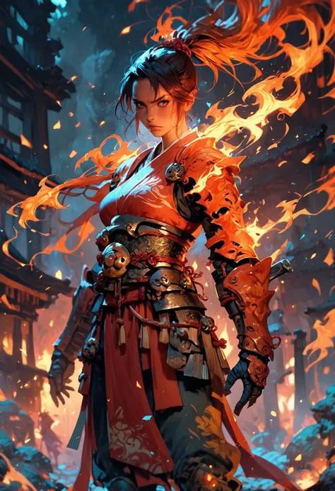 a woman in a red dress with a sword and fire