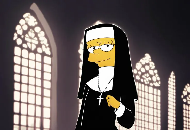 source_cartoon, <lora:Lisa_Simpsons_for_PonyXL:0.8>, lisa_simpson, rating_safe, 1girl, short hair, flat chest, nun habit, solo,black eyes, looking at viewer, nun outfit, cross necklace, rosary beads, in a church, score_9, score_8_up, score_7_up, score_6_up...