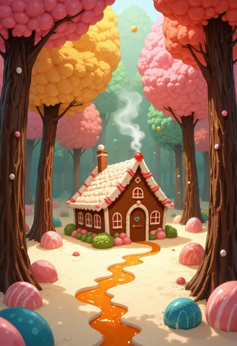 A whimsical scene of a forest where the trees are made of candy, with vibrant lollipops and chocolate bark. The ground is a soft marshmallow texture, and streams of molten caramel flow gently. In the center, a cozy gingerbread house with smoke curling from...