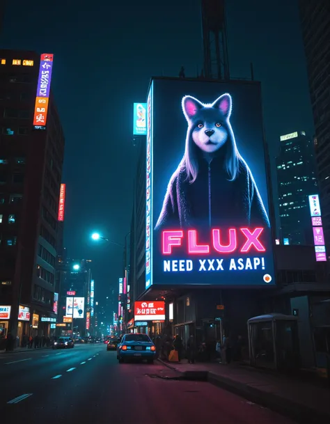 A realistic billboard in a night city cyberpunk 2077 world. The billboard shows an furry girl and the text "FLUX NEED XXX ASAP!",