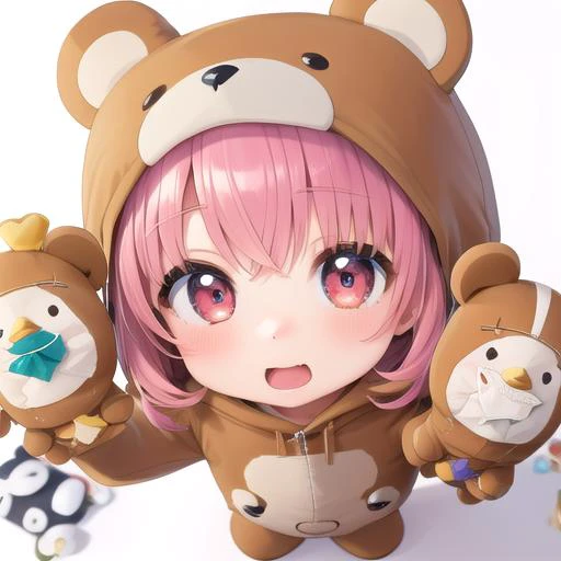 masterpiece, best quality,1girl,ultra detail,chibi,bear costume <lora:BearCostume:0.7>,jitome,looking up viewer,stuffed toys ,from above  <lora:UFOCACTHER_SD15_V4:0.8> UFOCatcher, character doll,