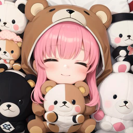 masterpiece, best quality,1girl,ultra detail,chibi,bear costume <lora:BearCostume:0.7>,sleeping,stuffed toys ,from above  <lora:UFOCACTHER_SD15_V4:0.8> UFOCatcher, character doll,