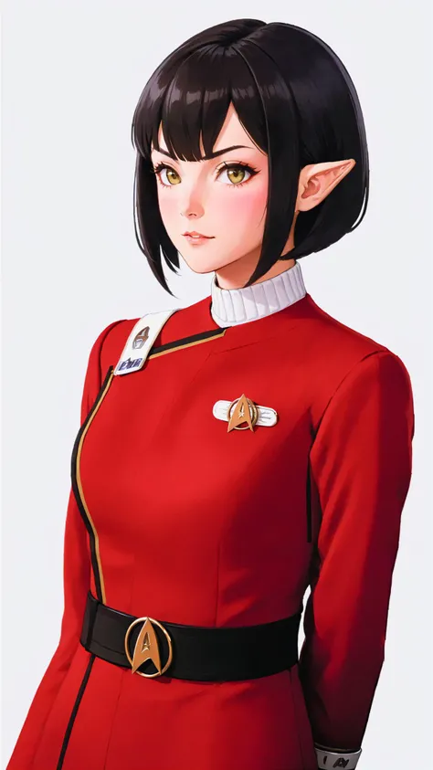 side (bob haircut1:1), vulcan girl, star trek , (twokunf red uniform:1.25),black pants , pointy ears, white shoulder band,white background<lora:TWOKXL:0.8>
detailed face