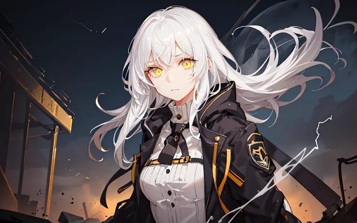 (best quality, masterpiece), (1girl, trench coat, expression face, black yellow eyes, white hair, hood, white gloves, looking aw...