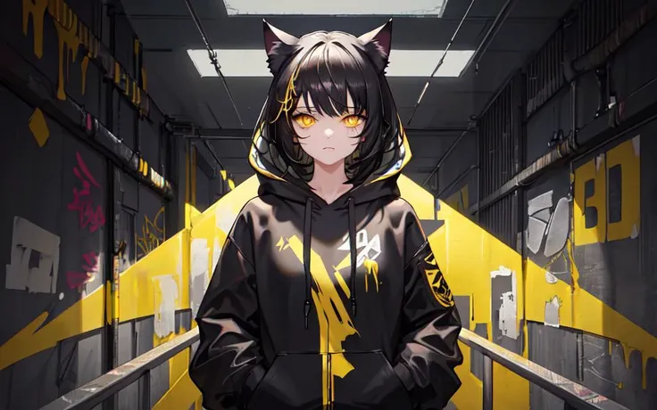 (best quality, masterpiece), (1girl, solo, cat ear black hood, standing, yellow eyes, black hair, leaning, upper body), (less li...