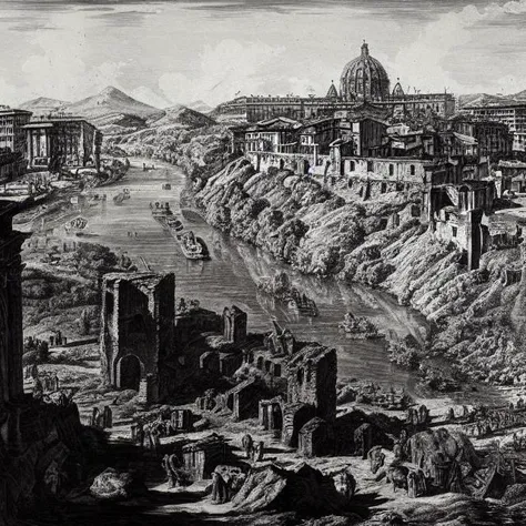 (ilsgiovannibattistapiranesi) ruined city on a hill and a river