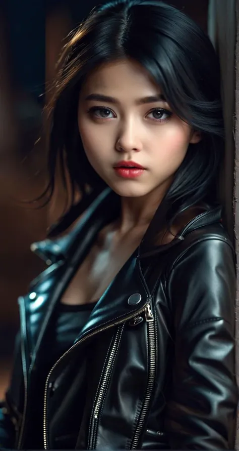 (16 year little girl),china Beautiful face,Black hair and black eyes,Modern fashion,Genuine leather jacket, leather short skirt,High quality real photos, sharp details, sharp focus