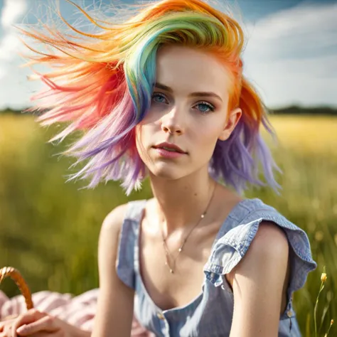 photo of age 18 girl having a picnic, rainbow hair, pastel hair, pixie cut, perfect eyes, wearing a sun dress, hair blowing in the wind, realistic, dslr, detailed, skin texture, 8k