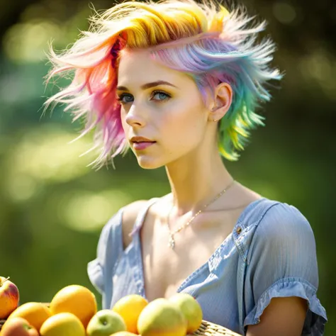 photo of age 18 girl having a picnic, rainbow hair, pastel hair, pixie cut, perfect eyes, wearing a sun dress, hair blowing in the wind, realistic, dslr, detailed, skin texture, 8k