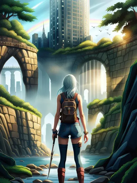  cityscape, city, cloud, scenery, skyscraper, building, cloudy sky, sky, long hair, from behind, outdoors, bird, ruins, 1girl, sunlight, tower, facing away, city lights, green hair, water, sunbeam, light rays, bridge, post-apocalypse, tree, backpack, very ...