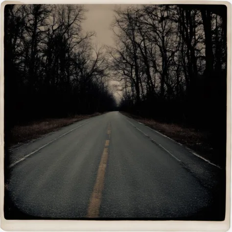 a grainy real polaroid photo of empty creepy road. 
flash photography, dimly lit, bad lighting, dark background, creepy, nostalgic, night time, moody ambience

