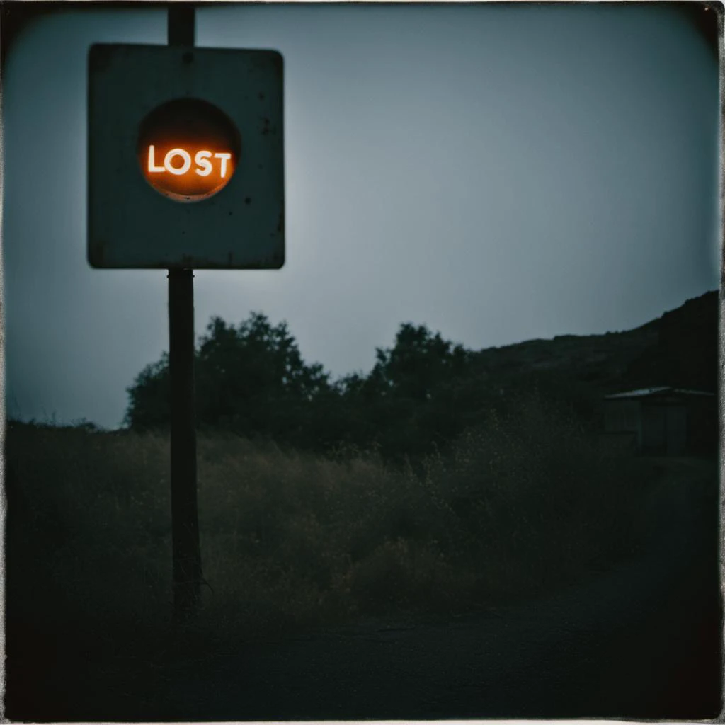 a grainy real polaroid photo of a rusty old road sign that says “LOST”. flash photography, dimly lit, bad lighting, dark background, bright camera flash, creepy, nostalgic, night time, moody ambience

