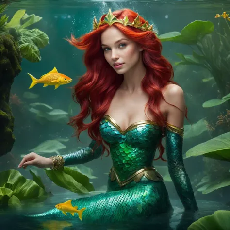 outdoor photography, beautiful, (little mermaid:1.7), dryad, (elf ears:1.5), ears, elf, indigenous, caucasian, 1girl, swimming, emerald (algae leaves:0.5) bracelet gold diadem crown, redhead wet hair, water surface, Strapless Bikini, fullbody, cute, pouty,...