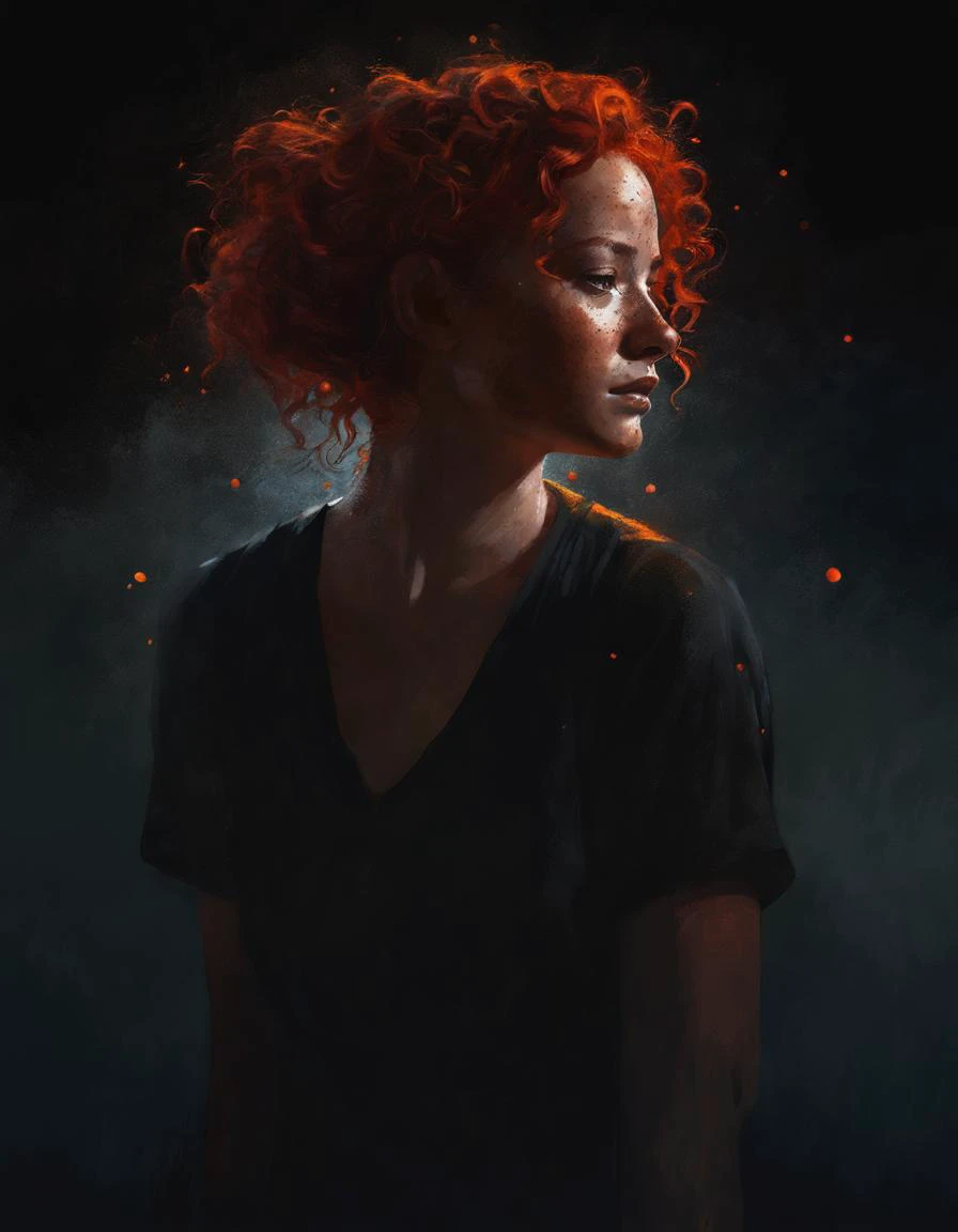 figurative female head, curly red hair, freckles, digital painting, dark background, by Thiago Moura Janurio and Wlop, backlit, melancholic but colorful, dark background, trending on artstation