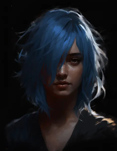 figurative female head, blue hair, digital painting, dark background, by Thiago Moura Janurio and Wlop, backlit, melancholic but colorful, dark background, trending on artstation