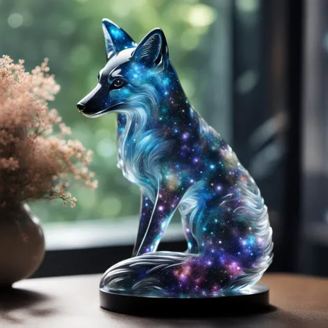 intricate transparent glass interstellar nebula fox statue made of galaxies, flora and fauna, hyper realistic, ultra detailed, elegant, beautiful, 1 tail