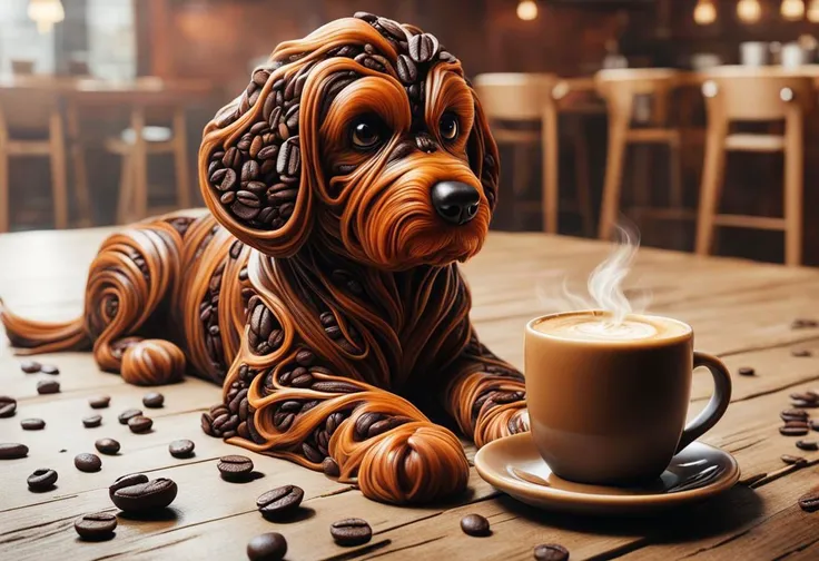 a close up of a dog statue with a cup of coffee