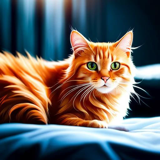 cinematic photo There is a cat who is lying on a bed with a blanket, She is very relaxed, Relaxed pose, lying on the bed, ginger cat in medium action, showing its paws to the viewer, making a cheeky pose, making a hot majestic pose, Happy sage. she has bou...