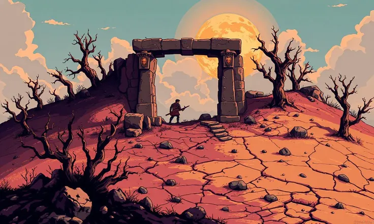 Glitchcore Art Style, retro game art pixel-art. In an early-medieval setting.
A desolate hill where an ancient stone altar stands. The surrounding earth is barren and cracked, and no plants grow near the altar. Local rumors say that dark rituals once took ...