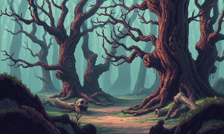 Glitchcore Art Style, retro game art pixel-art. In an early-medieval setting.
A cursed forest, where the trees are twisted and gnarled, their branches seeming to reach out like claws. Strange markings are carved into the bark, and the ground is littered wi...