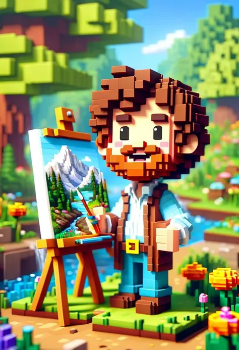 a lego man with a beard and a beard standing in front of a painting